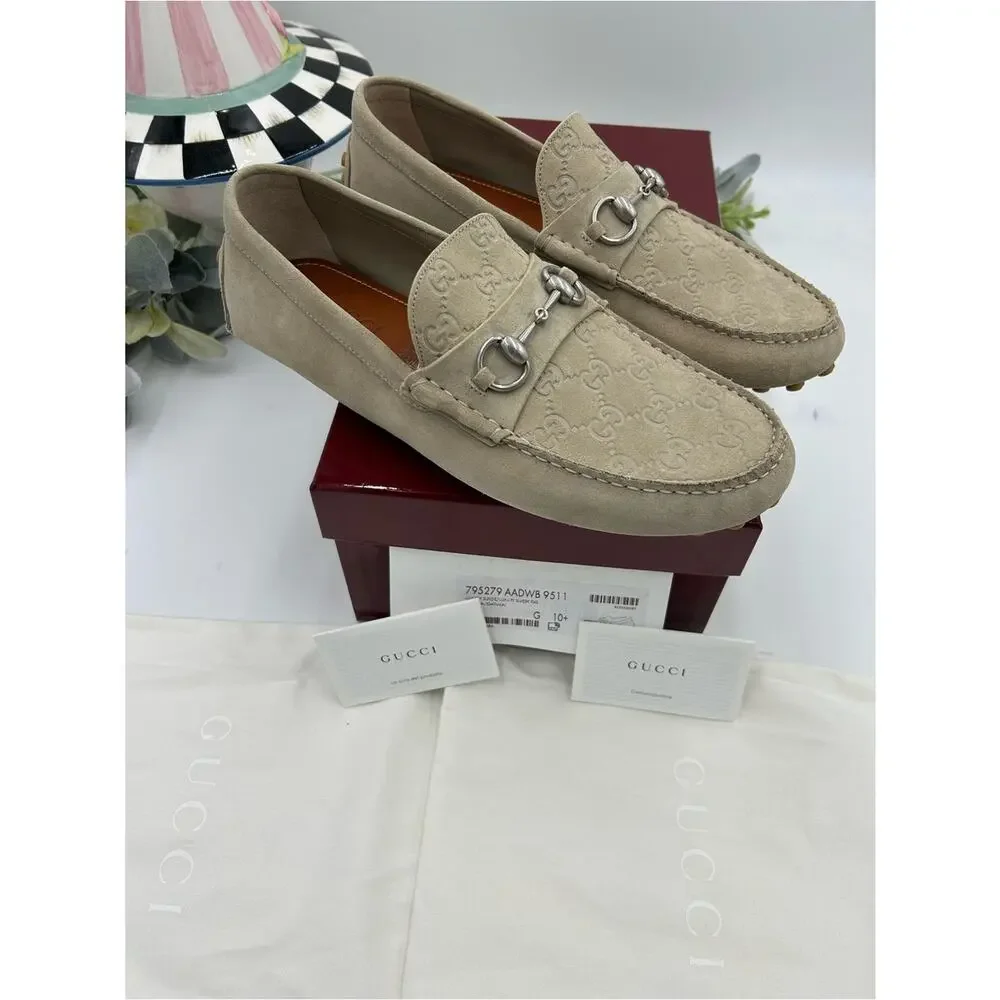 Men's Gucci suede oatmeal horse bit driver loafers size 10.5 fits 11 US